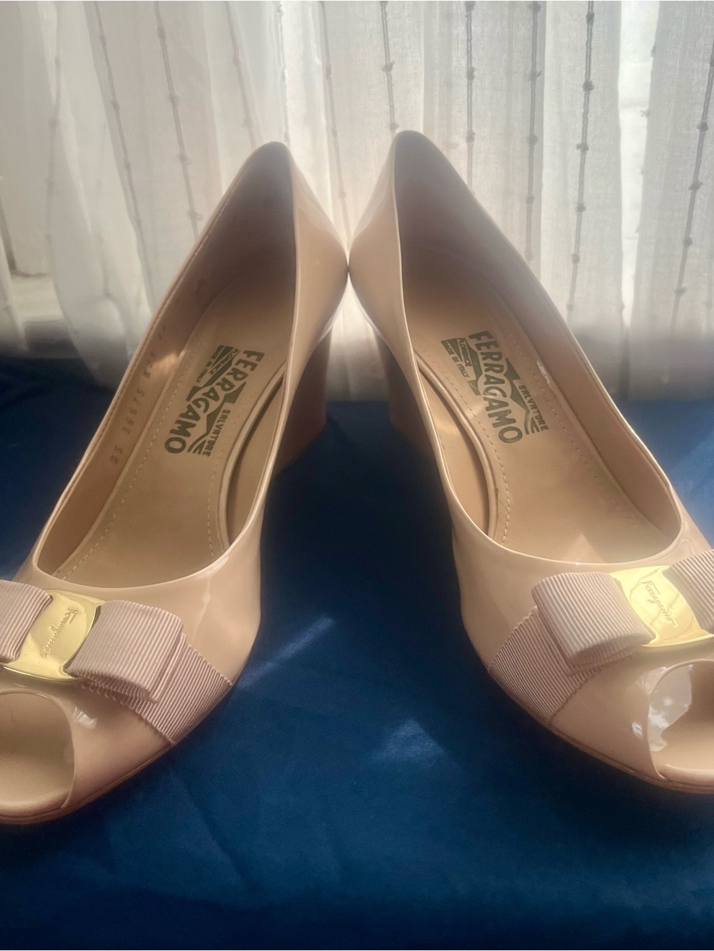 Salvatore Ferragamo Blush Patent Peep-Toe Pumps with Grosgrain Bow